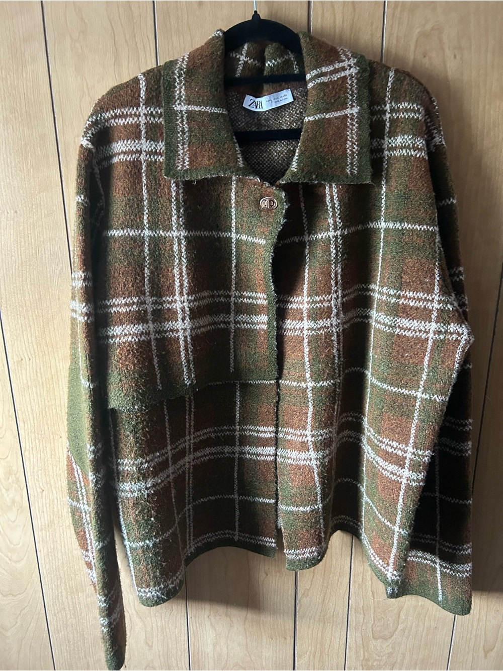 Zara Olive Green & Brown Plaid Jacket Sweater Cape Cardigan